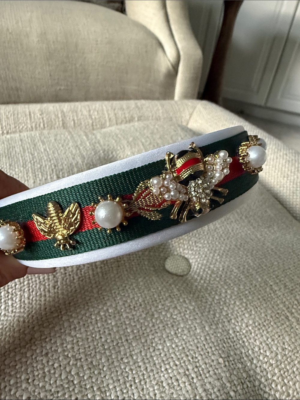 Pearl & Bee Embellished Green and Red Ribbon Headband